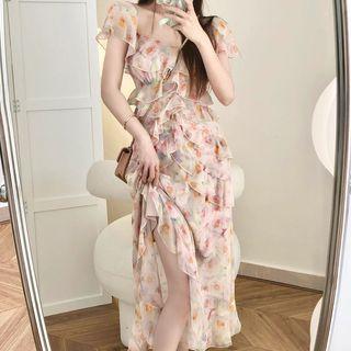 Short-sleeve Floral Ruffle Midi Sundress