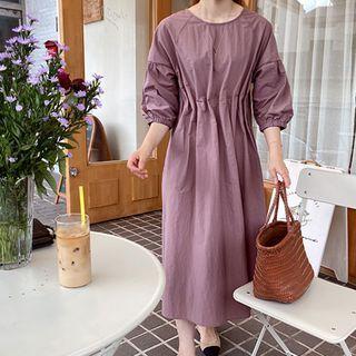 Puff-sleeve Band-waist Ruched Long Dress