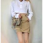 Long-sleeve Polo Collar Cropped Top / Plain Mini Skirt