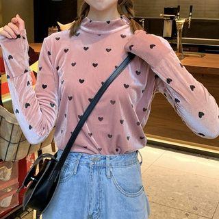 Long-sleeve Heart Pattern Mock-neck T-shirt