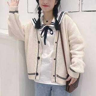 Sailor Collar Long-sleeve Blouse/ Cable-knit Buttoned Cardigan