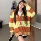 Color Block Striped Oversize Sweater Cardigan As Shown In Figure - One Size