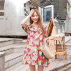 Ruffle-neck Floral Mini Shift Dress