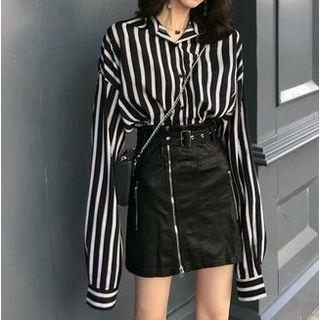 Striped Shirt / Zip Faux Leather A-line Skirt