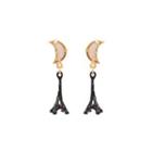 Fashion Creative Plated Gold Enamel Paris Tower Moon Earrings Golden - One Size