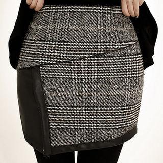Faux-leather Trim Plaid Mini Skort