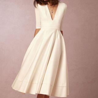 Elbow-sleeve V Neck Tie-waist Long Sheath Dress