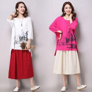 3/4-sleeve Print Linen Top