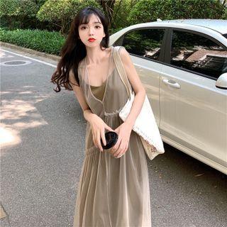 Set: Spaghetti-strap Midi A-line Dress + Sleeveless Mesh Midi A-line Dress