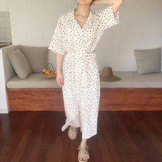 Elbow-sleeve Dotted Midi Shirt Dress Off-white - One Size
