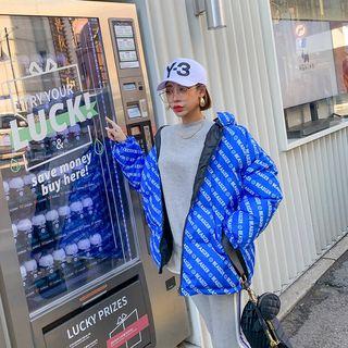 Reversible Hooded Letter Padded Jacket Blue - One Size