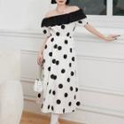 Puff-sleeve Off-shoulder Dotted Midi A-line Dress