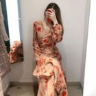 V-neck Shirred-sleeve Floral Print Midi A-line Dress