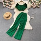 Set Of 2 : Short-sleeve Off-shoulder Cropped Top + High-waist Wide-leg Pants