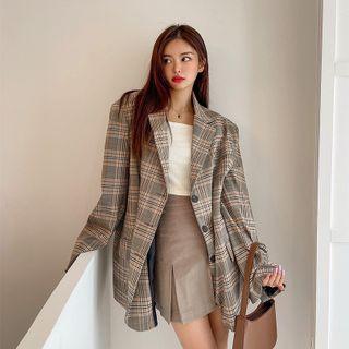 Oversized Plaid Blazer Brown - One Size