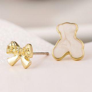 Asymmetrical Bear & Rhinestone Bow Ear Stud / Clip-on Earring