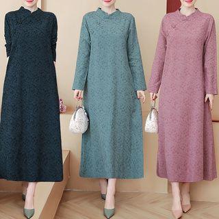 Jacquard Long-sleeve Frog-button Maxi Dress