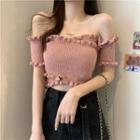 Short-sleeve Off-shoulder Wood Ear Trim Cropped Top