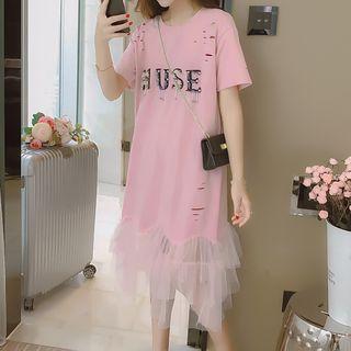 Embellished Lettering Ripped Short-sleeve T-shirt Dress