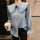 Loose-fit Peter Pan-collar Denim Shirt As Shown In Figure - One Size