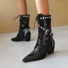 Pointed Studded Block Heel Lace Up Short Boots