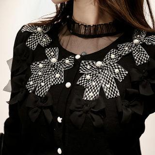 Ribbon Faux-pearl Appliqu  Cardigan