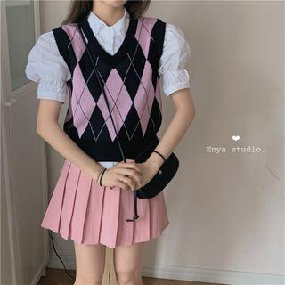Short-sleeve Plain Shirt / Argyle Sweater Vest / Mini Pleated Skirt