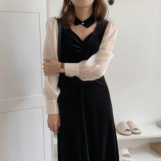 Long-sleeve Two-tone Velvet Midi A-line Dress Black - One Size