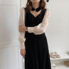 Long-sleeve Two-tone Velvet Midi A-line Dress Black - One Size