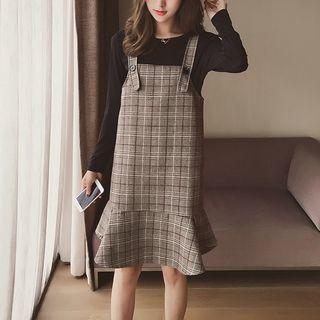 Set: Plaid Jumper Dress + Long-sleeve Top