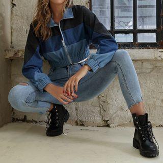 Paneled Denim Zipped Jacket