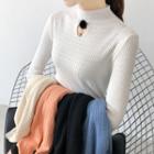 Long-sleeve Lace-panel Mock-neck Knit Top