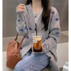 Long-sleeve Printed Knit Cardigan Gray - One Size
