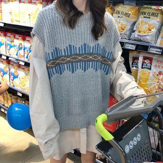 Hooded Long Shirt / Striped Knitted Vest