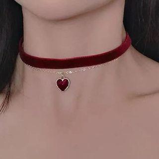 Heart Pendant Layered Velvet Choker