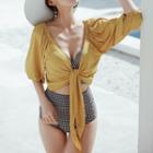 Set: Tie-front Cover-up Top + Gingham Lace-up Bikini