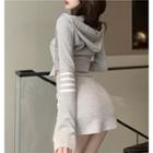 Button-up Hooded Crop Knit Top / High-waist Mini Skirt