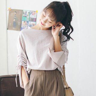 Drawstring-detail Elbow-sleeve T-shirt Beige - One Size