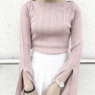 Long-sleeve Slit-cuff Knit Top