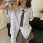 Striped Short-sleeve Shirt With Tie Stripe - One Size