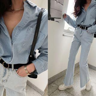 Pocket-front Oversize Denim Shirt Light Blue - One Size