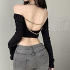 Long-sleeve Open-back Chained Crop Top Black - One Size