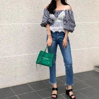 Set: Elbow-sleeve Off Shoulder Top + Spaghetti Strap Top