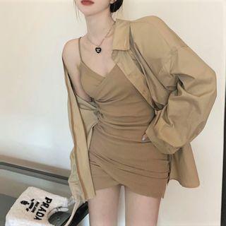 Spaghetti Strap Shirred Bodycon Dress / Shirt