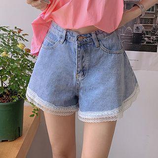 Lace Trim Wide Leg Denim Shorts