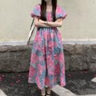Puff-sleeve Floral Print Smocked Midi A-line Dress Pink Floral - Blue - One Size