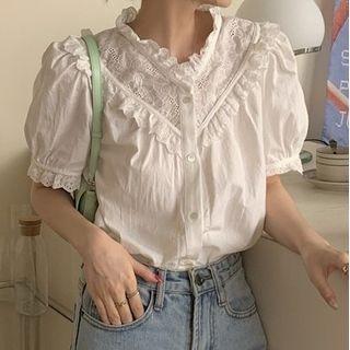 Bell-sleeve Lace-trim Blouse White - One Size