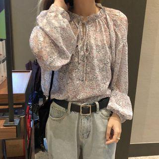 Long-sleeve Floral-print Chiffon Top As Shown In Figure - One Size