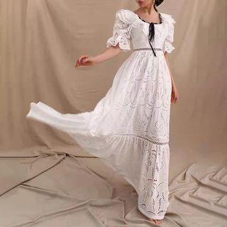 Bell-sleeve Eyelet Maxi A-line Dress
