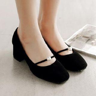 Faux Suede Beaded Chunky Heel Pumps